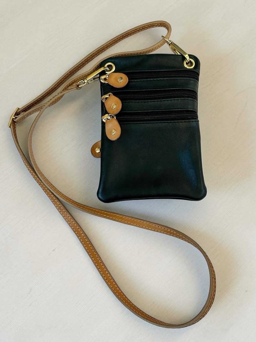 Classic Black Leather Crossbody Phone Pouch with Tan Strap